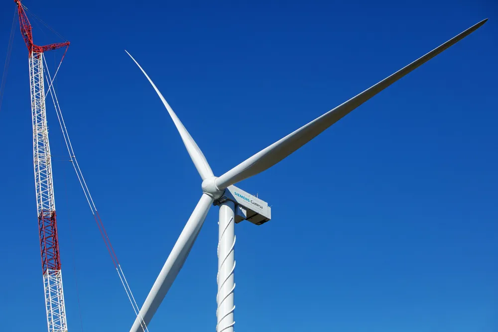A Siemens Gamesa 5.X wind turbine during assembly.