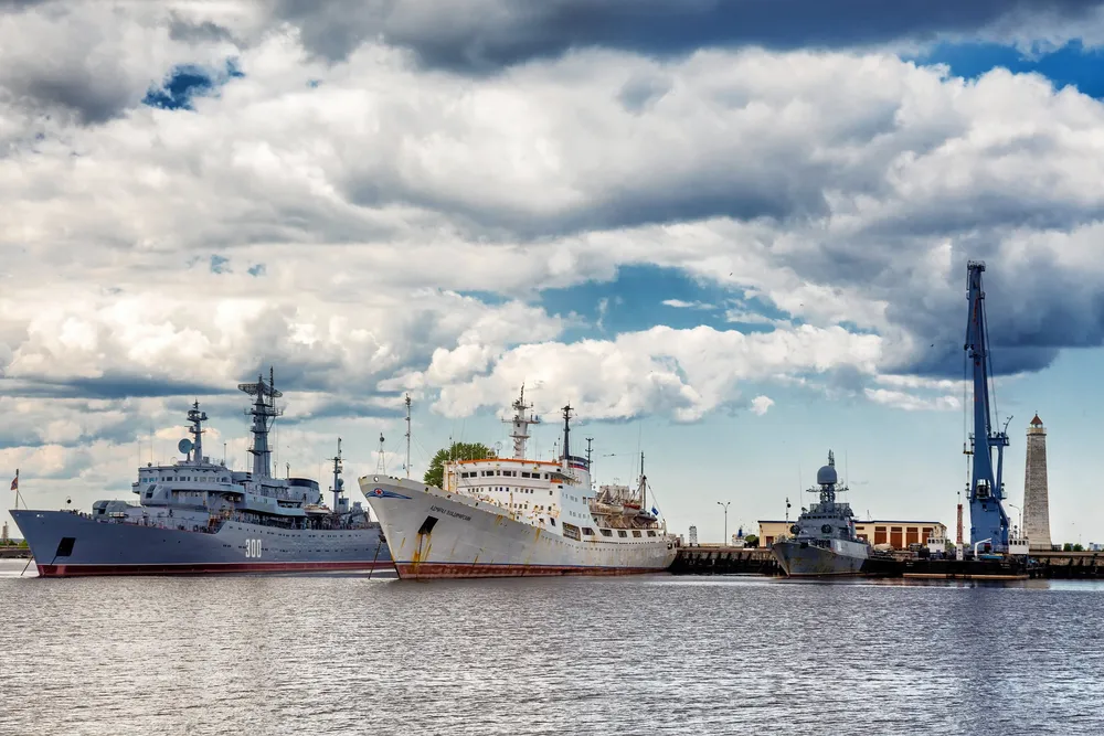 Russian warships and a oceanographic research vessel at port in Saint Petersburg