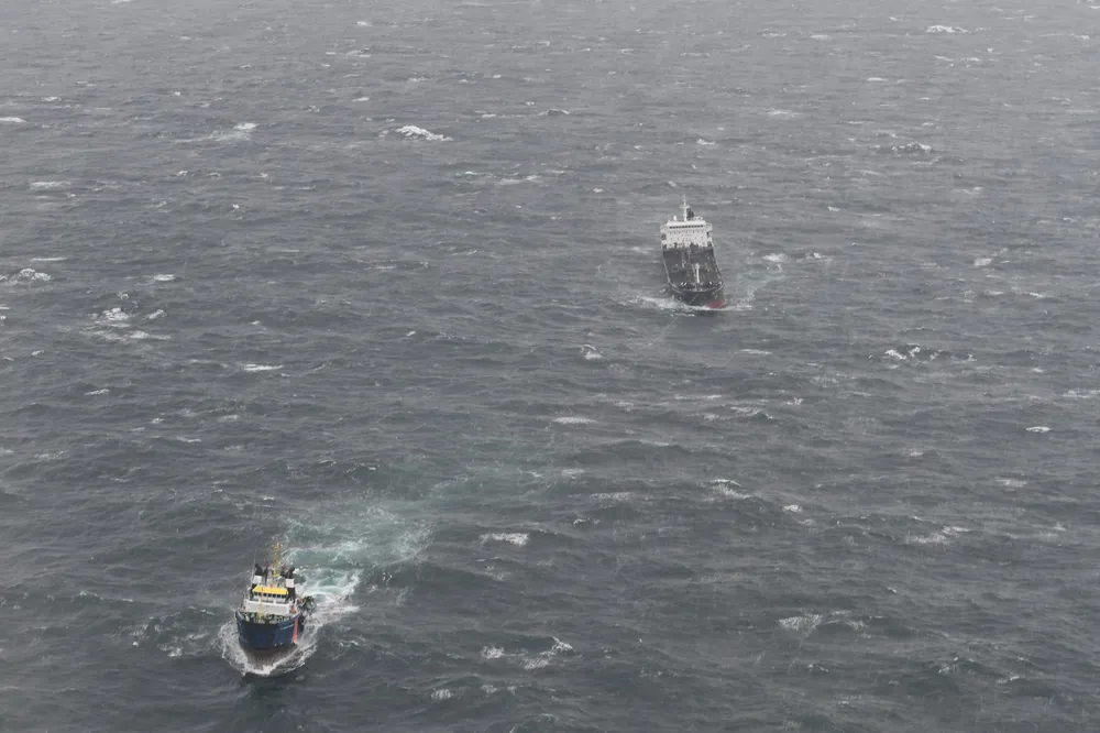 Dutch coastguard vessels work to prevent the Eva Schulte tanker from colliding with the Hollandse Kust Zuid wind farm in the Dutch North Sea.