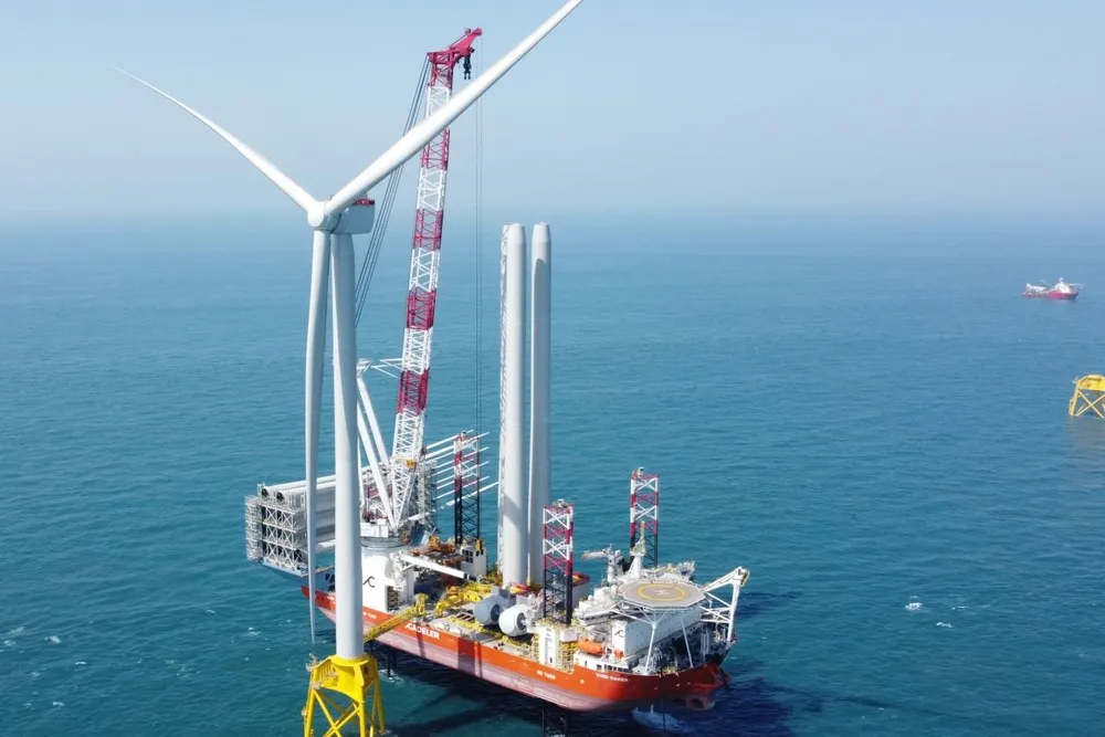A picture of the a Siemens Gamesa SG 14-236 wind turbine being installed in the Taiwan Strait earlier this year.