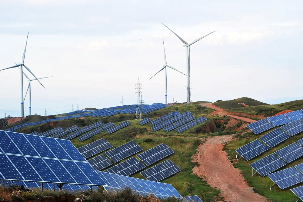 Solar panels and wind turbines in Hebei Province, China