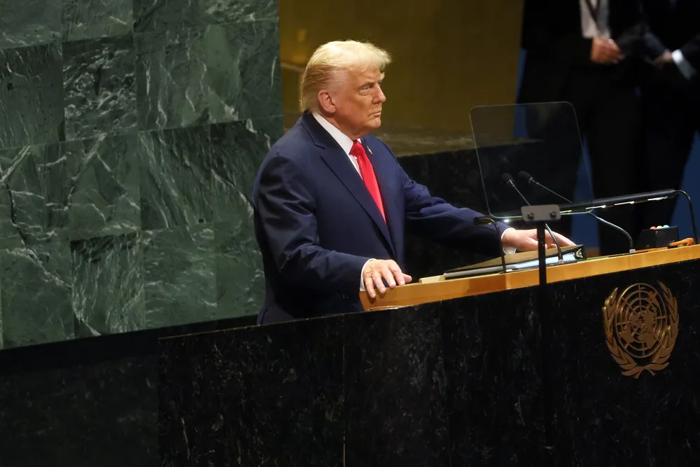 US President Donald Trump addresses the United Nations (UN) General Assembly during the 80th session of the annual event today in New York.