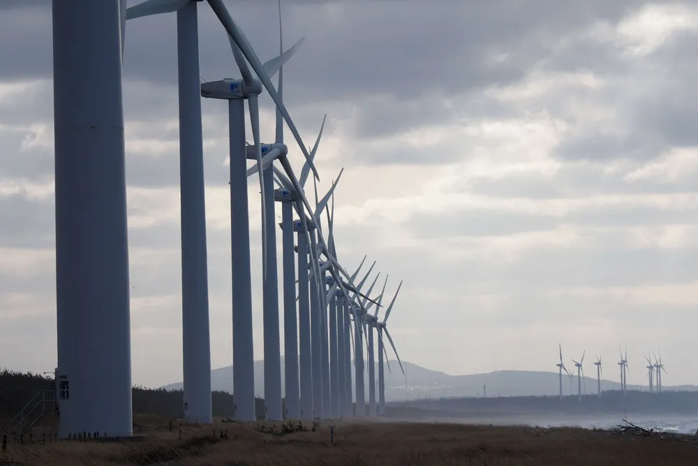 Onshore wind turbines in Akita, Japan, looout to sea in a regions seen as ideal for offshore wind projects