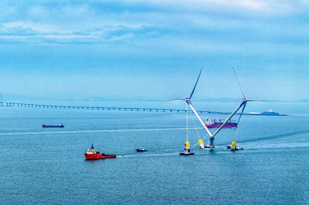 A twin headed OceanX floating offshore wind turbine designed by Mingyang, which has won deals to supply offshore wind farms in Germany and Italy in the last year.