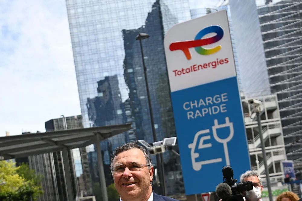 Totalenergies CEO Patrick Pouyanne at the unveling ceremony of the group's new logo in Paris in May 2021.