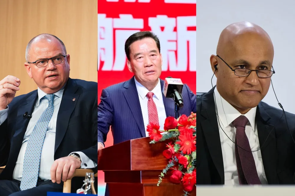 Left to right: Vestas CEO Henrik Andersen, Mingyang chair Zhang Chuanwei and Siemens Gamesa CEO Vinod Philip.