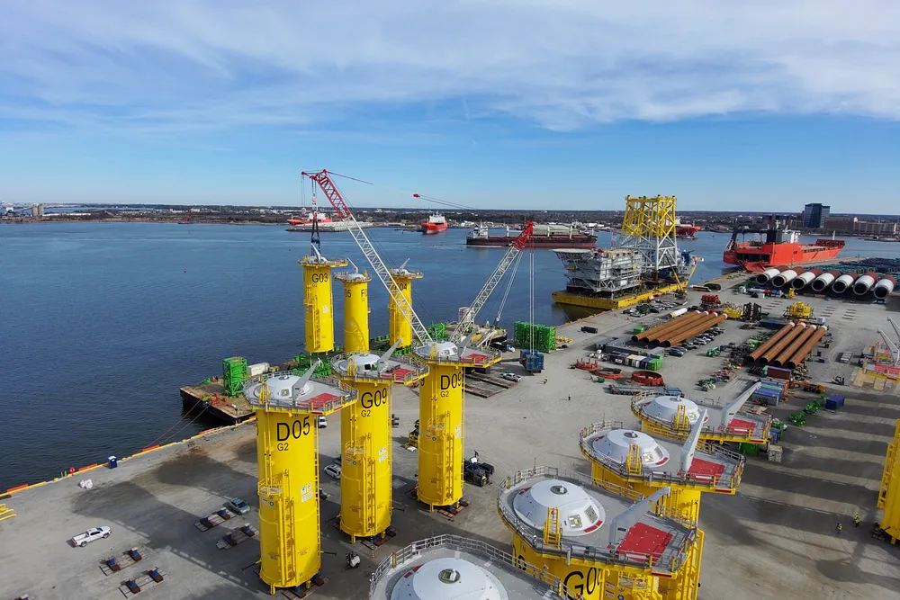 Transition pieces awaiting installation for Dominion Energy's CVOW array at Portsmouth Marine Terminal