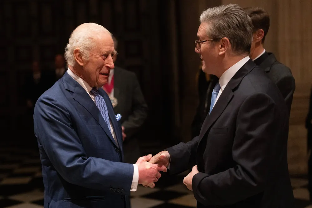 King Charles III - who draws most of his income from The Crown Estate - with UK Prime Minister Keir Starmer at an international investment summit.