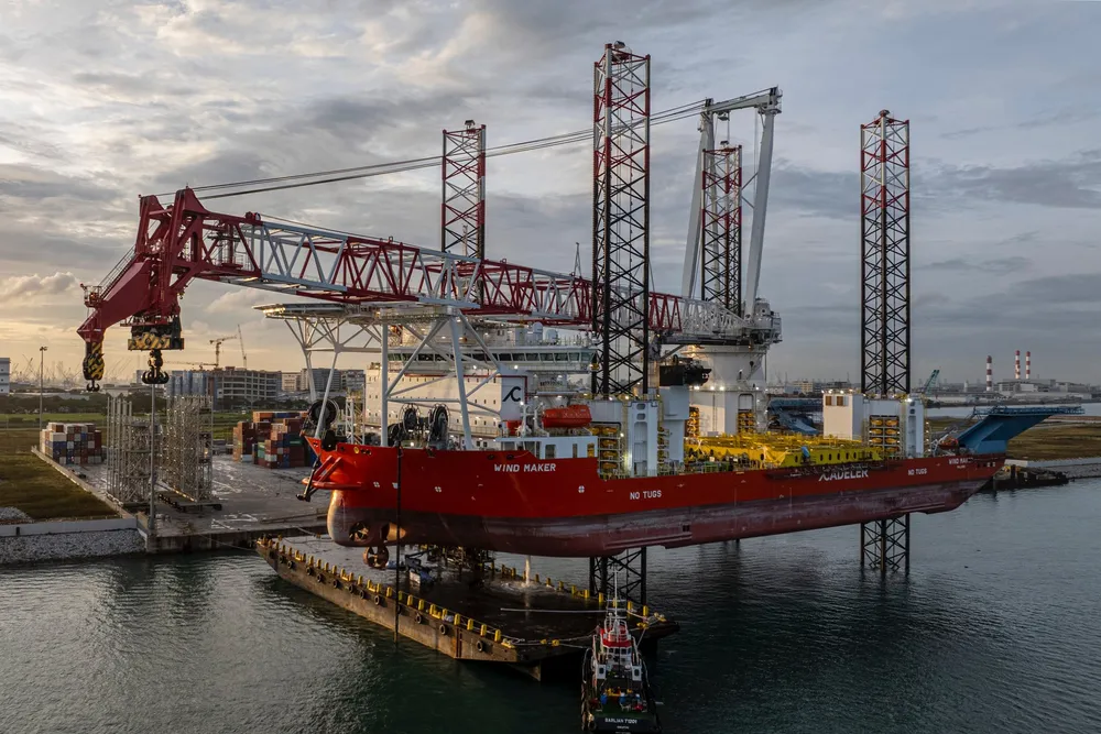 Cadeler's Wind Maker WTIV during construction in South Korea. The unit is now working for Orsted on Taiwan’s Greater Changhua wind farm